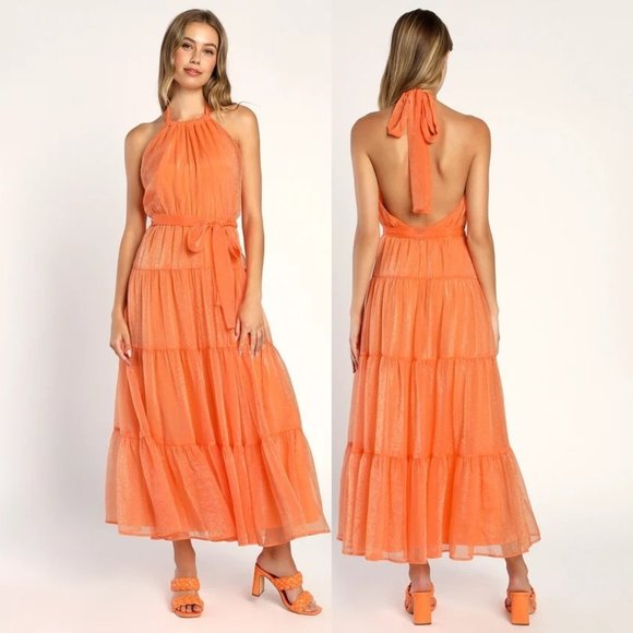 Lulu's Women Orange Tiered Halter Maxi Dress - Picture 1 of 4